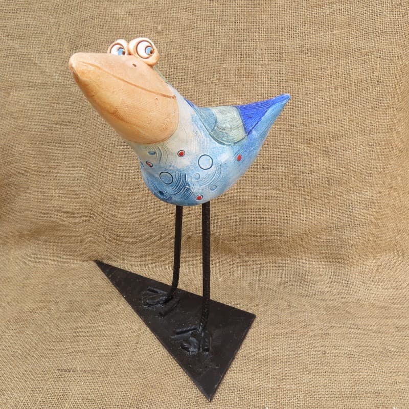 keramický pták střední - modrý, s nohama