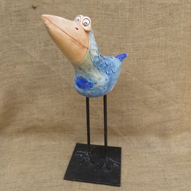 keramický pták střední - modrý, s nohama