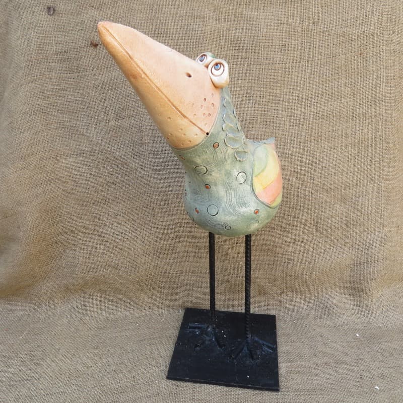 keramický pták velký - zelený, s nohama