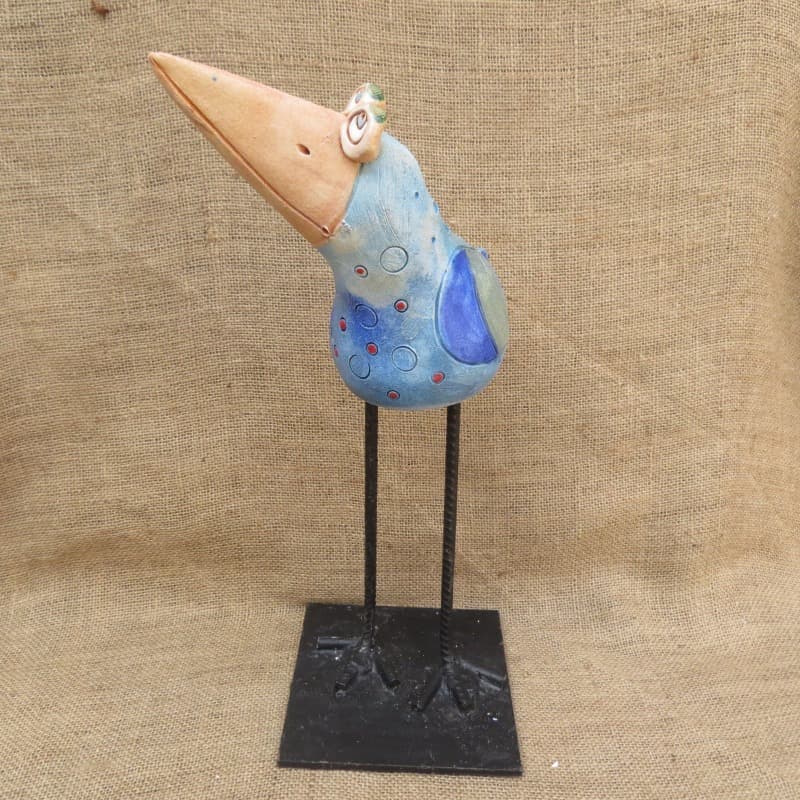 keramický pták střední - modrý, s nohama